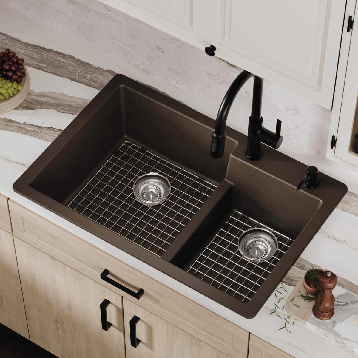 33" Top Mount Double Offset Bowl Quartz Composite Kitchen Sink Kit In Brown