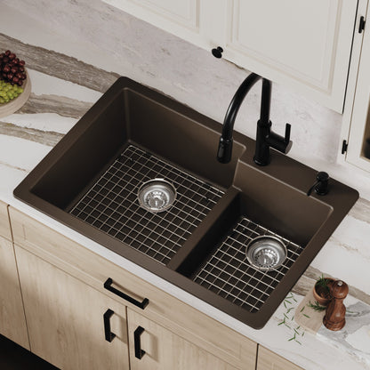 33" Top Mount Double Offset Bowl Quartz Composite Kitchen Sink Kit In Brown