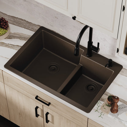 33" Top Mount Double Offset Bowl Quartz Composite Kitchen Sink In Brown