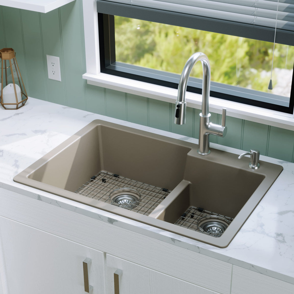 33" Top Mount Double Offset Bowl Quartz Composite Kitchen Sink Kit In Concrete
