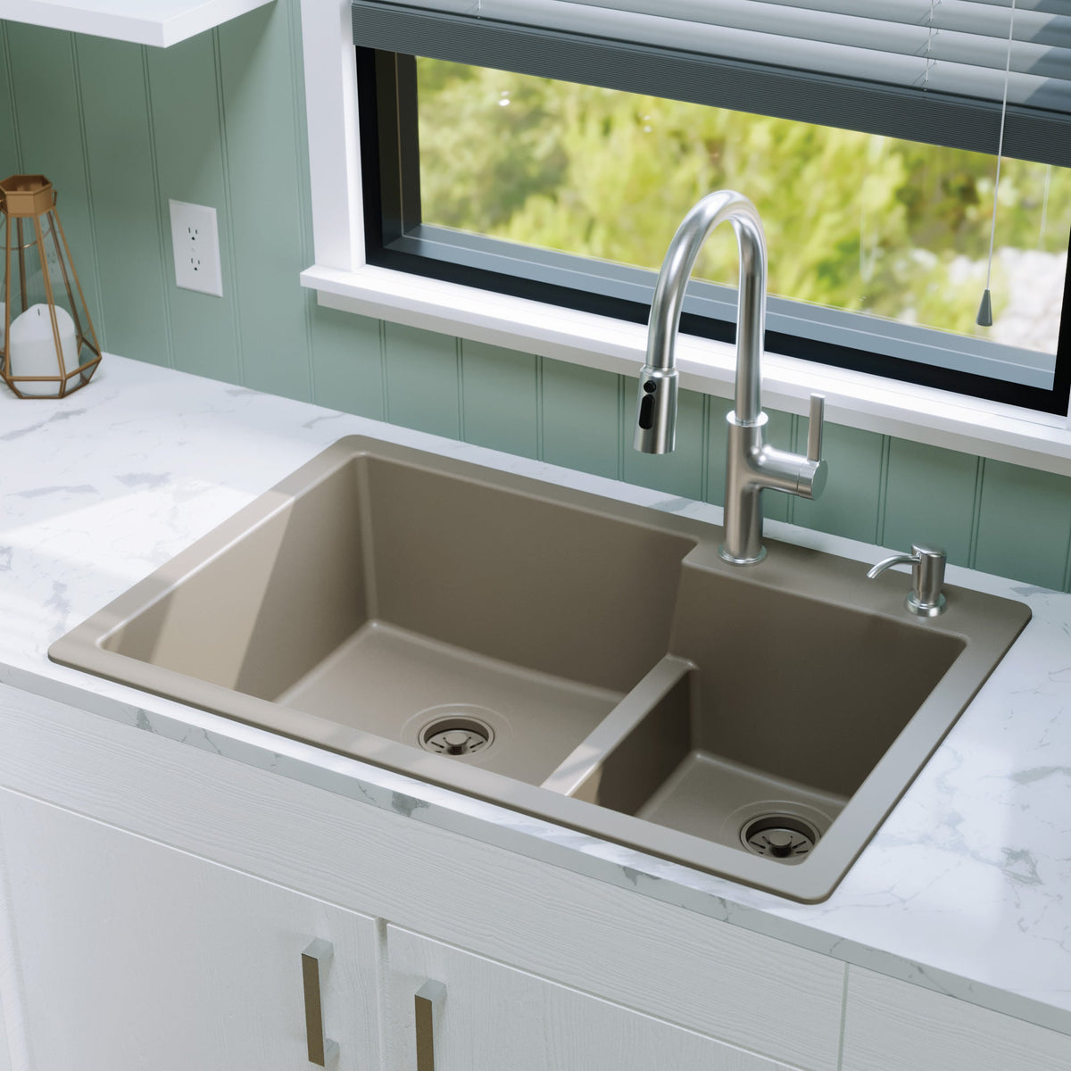 33" Top Mount Double Offset Bowl Quartz Composite Kitchen Sink In Concrete