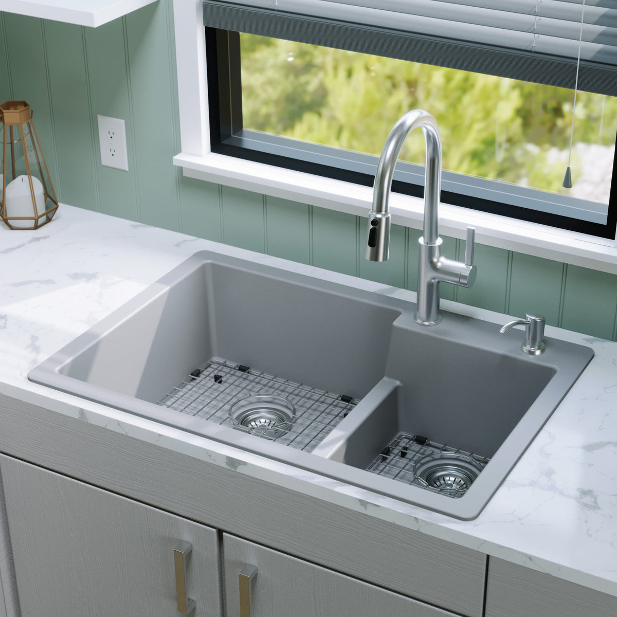 33" Top Mount Double Offset Bowl Quartz Composite Kitchen Sink Kit In Grey