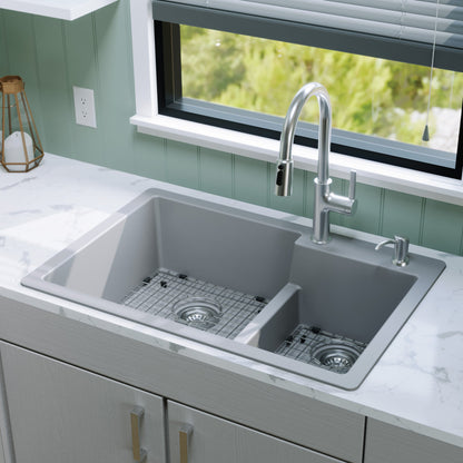 33" Top Mount Double Offset Bowl Quartz Composite Kitchen Sink Kit In Grey