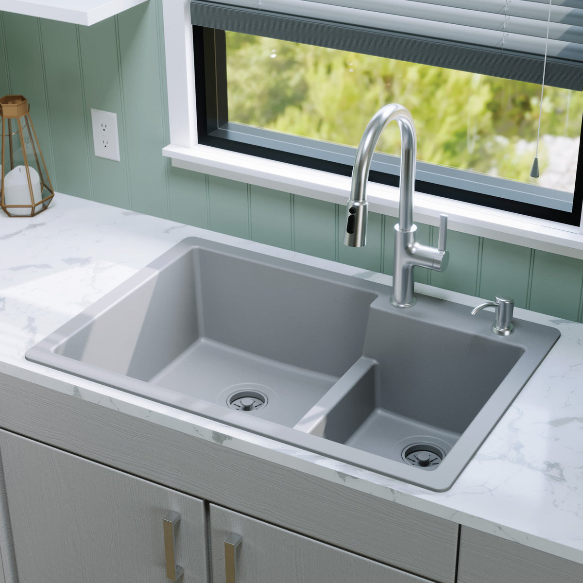 33" Top Mount Double Offset Bowl Quartz Composite Kitchen Sink In Grey
