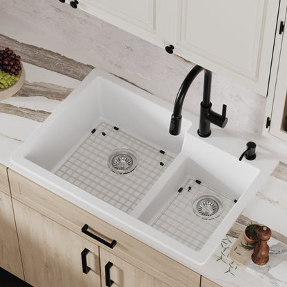 33" Top Mount Double Offset Bowl Quartz Composite Kitchen Sink Kit In White