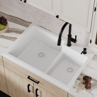 33" Top Mount Double Offset Bowl Quartz Composite Kitchen Sink In White