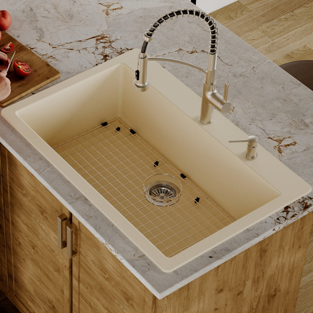 33" Top Mount Large Single Bowl Quartz Composite Kitchen Sink Kit In Bisque