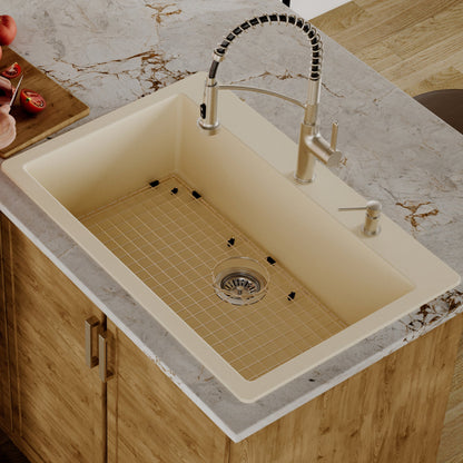 33" Top Mount Large Single Bowl Quartz Composite Kitchen Sink Kit In Bisque