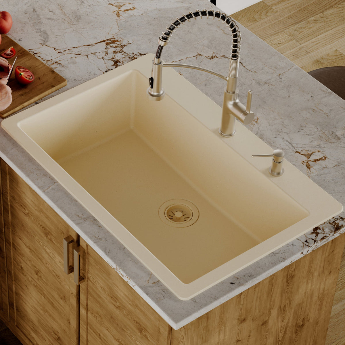 33" Top Mount Large Single Bowl Quartz Composite Kitchen Sink In Bisque