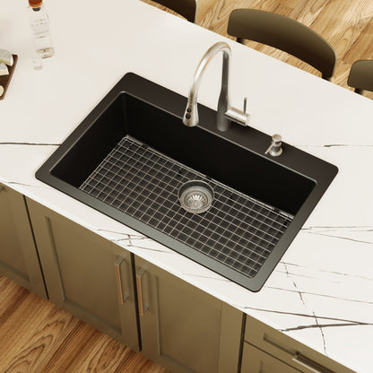 33" Top Mount Large Single Bowl Quartz Composite Kitchen Sink Kit In Black