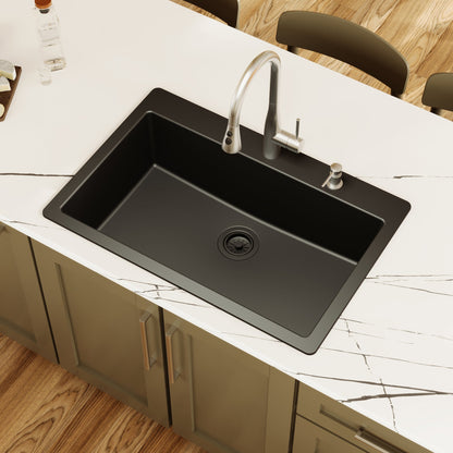 33" Top Mount Large Single Bowl Quartz Composite Kitchen Sink In Black