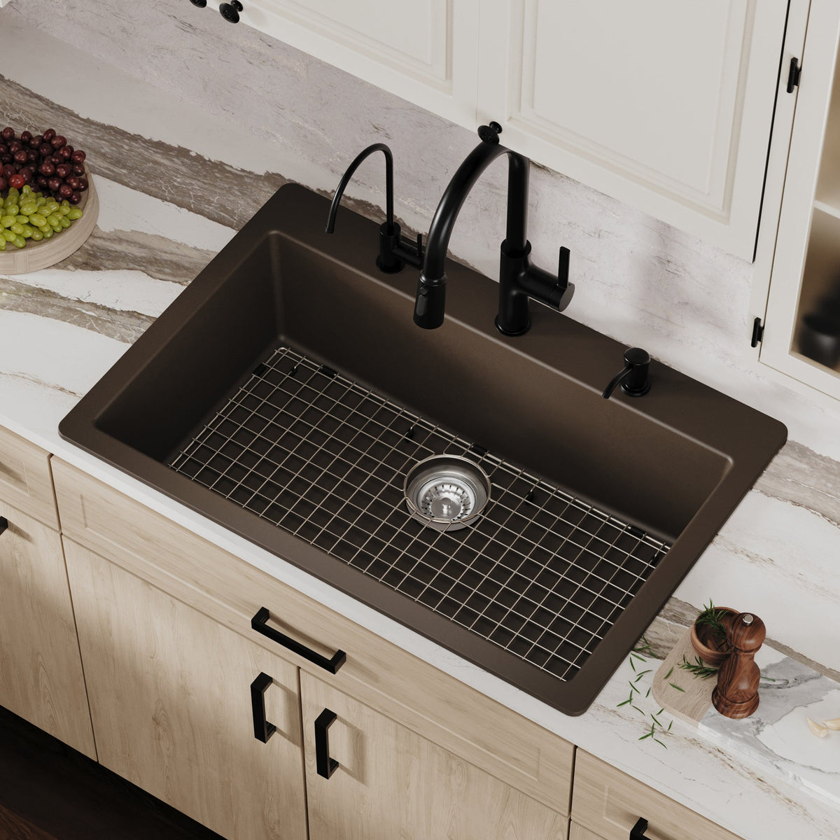 33" Top Mount Large Single Bowl Quartz Composite Kitchen Sink Kit In Brown