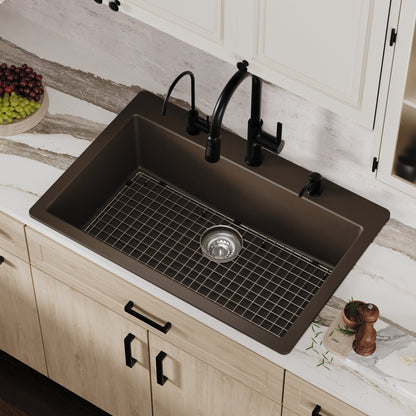 33" Top Mount Large Single Bowl Quartz Composite Kitchen Sink Kit In Brown