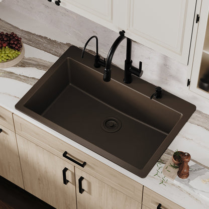 33" Top Mount Large Single Bowl Quartz Composite Kitchen Sink In Brown