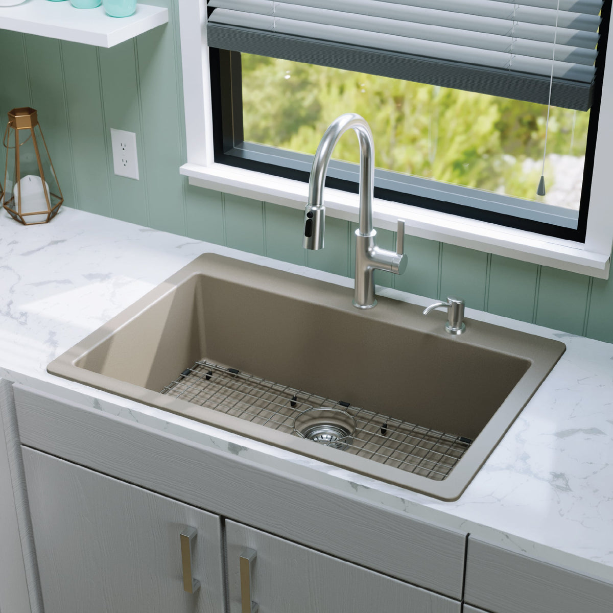 33" Top Mount Large Single Bowl Quartz Composite Kitchen Sink Kit In Concrete