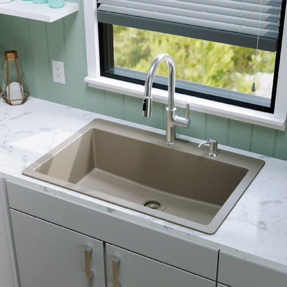 33" Top Mount Large Single Bowl Quartz Composite Kitchen Sink In Concrete