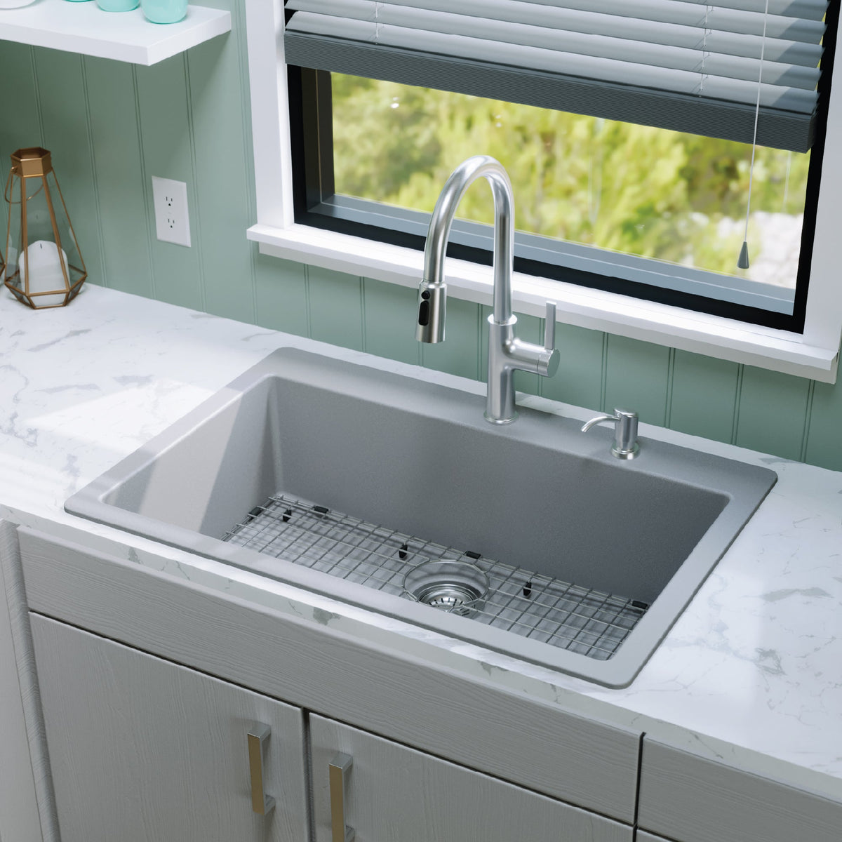 33" Top Mount Large Single Bowl Quartz Composite Kitchen Sink Kit In Grey