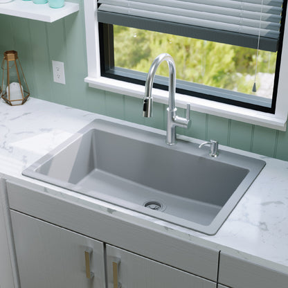 33" Top Mount Large Single Bowl Quartz Composite Kitchen Sink In Grey