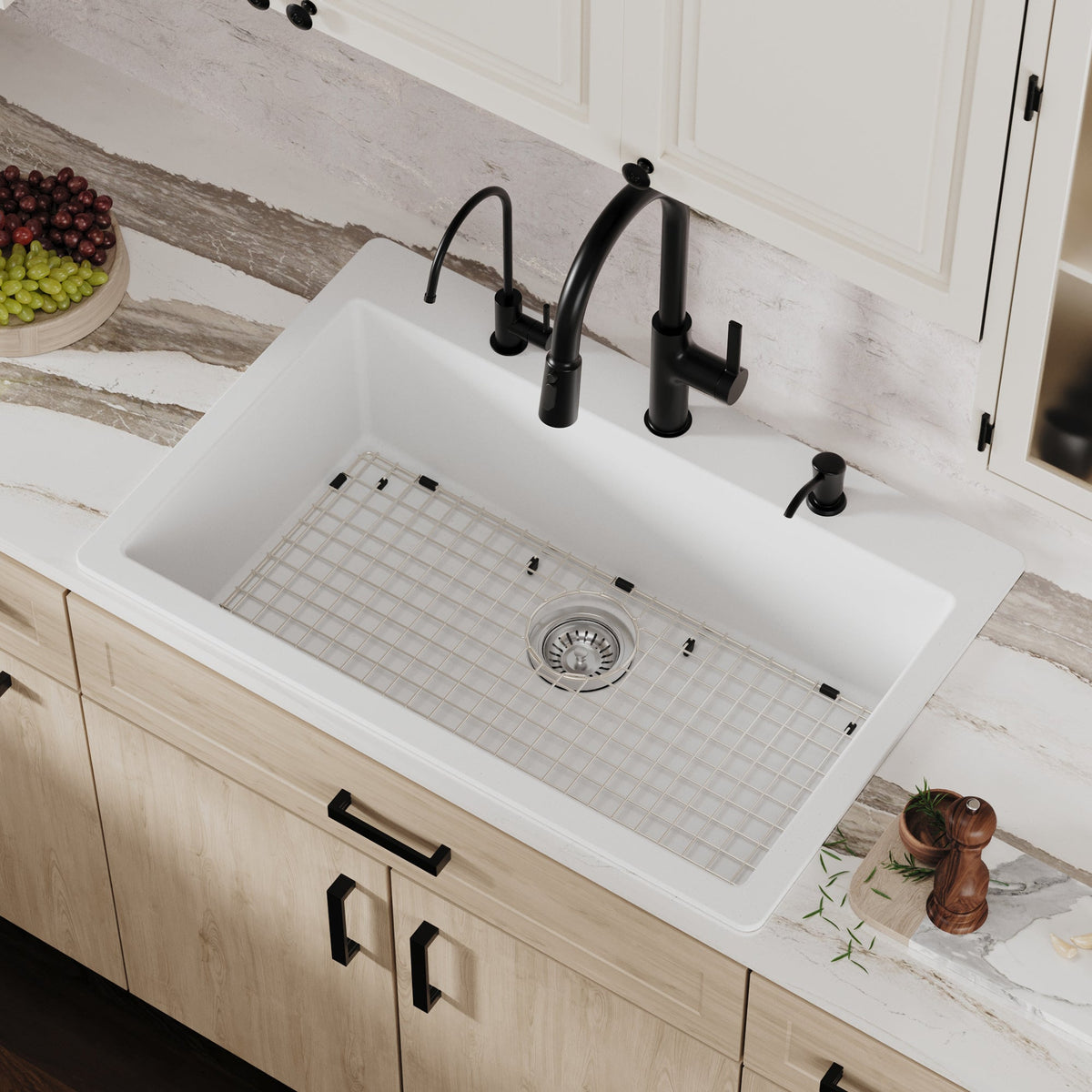 33" Top Mount Large Single Bowl Quartz Composite Kitchen Sink Kit In White