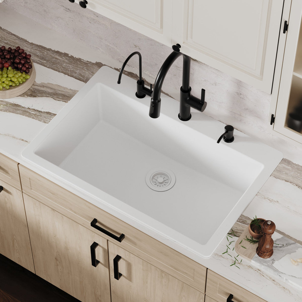 33" Top Mount Single Bowl Quartz Composite Kitchen Sink In White
