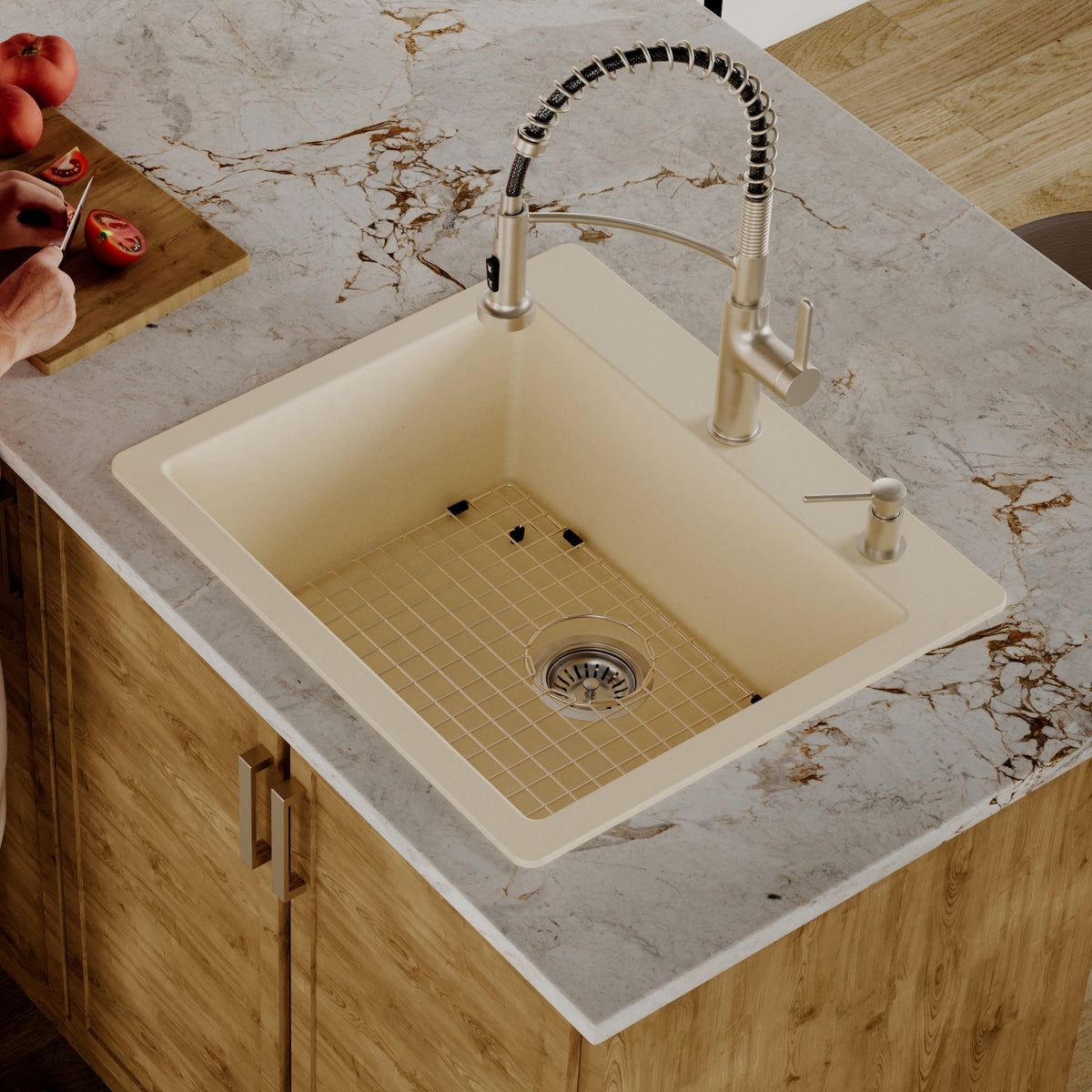 25" Top Mount Single Bowl Quartz Composite Kitchen Sink Kit In Bisque