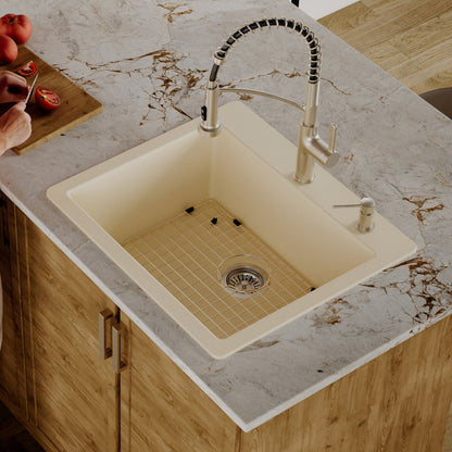 25" Top Mount Single Bowl Quartz Composite Kitchen Sink Kit In Bisque