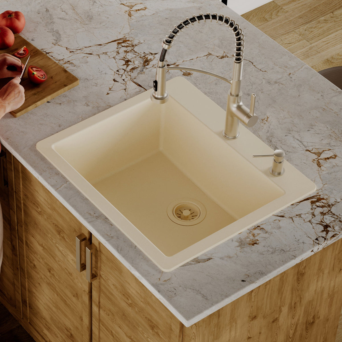 25" Top Mount Single Bowl Quartz Composite Kitchen Sink In Bisque