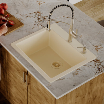 25" Top Mount Single Bowl Quartz Composite Kitchen Sink In Bisque