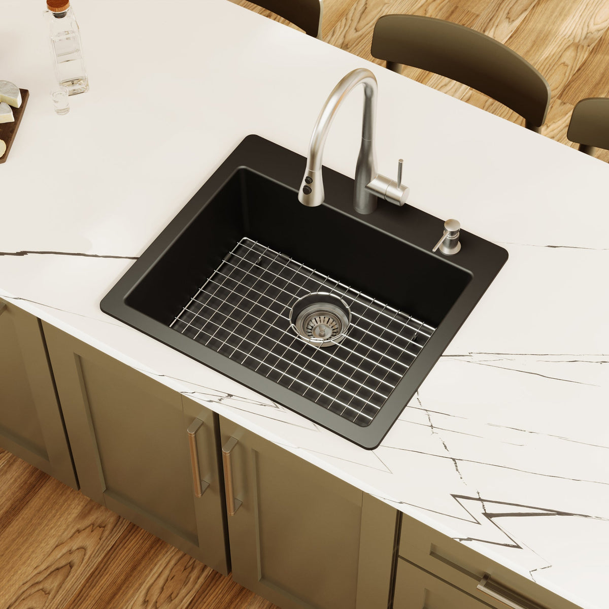25" Top Mount Single Bowl Quartz Composite Kitchen Sink Kit In Black