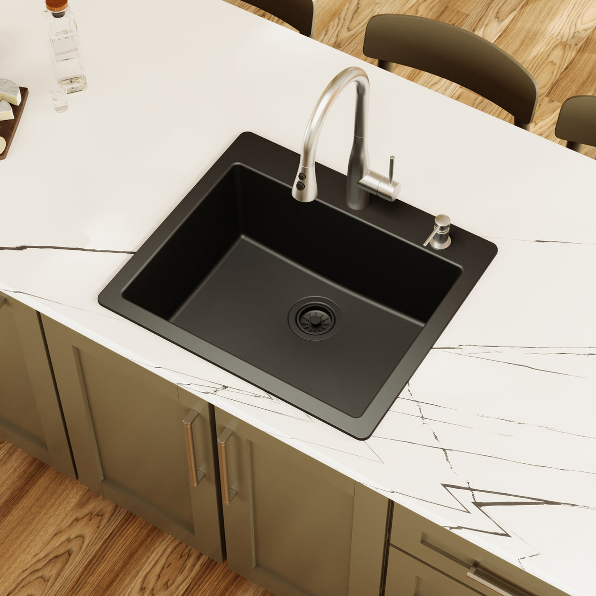 25" Top Mount Single Bowl Quartz Composite Kitchen Sink In Black