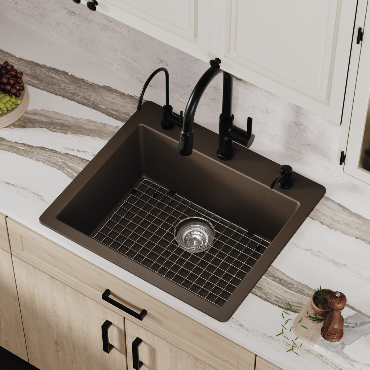 25" Top Mount Single Bowl Quartz Composite Kitchen Sink Kit In Brown