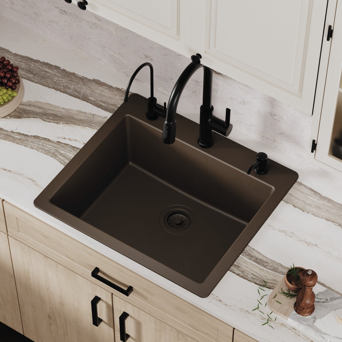 25" Top Mount Single Bowl Quartz Composite Kitchen Sink In Brown