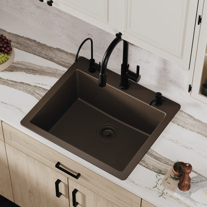 25" Top Mount Single Bowl Quartz Composite Kitchen Sink In Brown