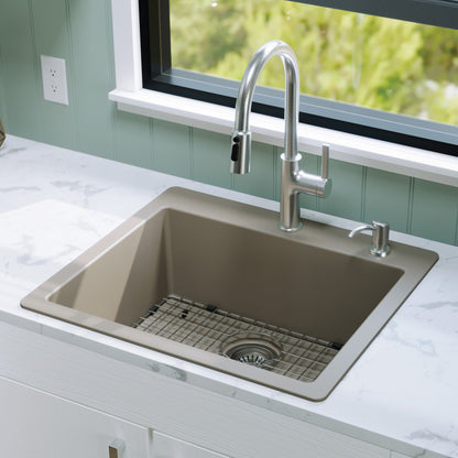 25" Top Mount Single Bowl Quartz Composite Kitchen Sink Kit In Concrete