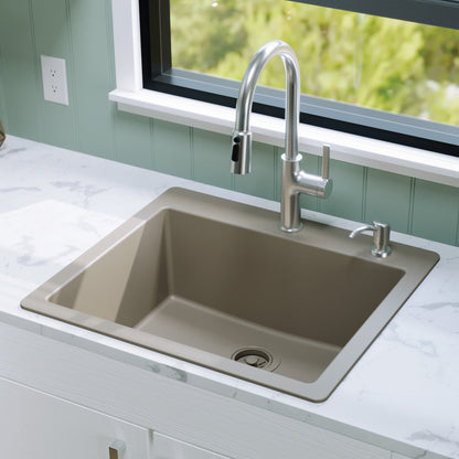 25" Top Mount Single Bowl Quartz Composite Kitchen Sink In Concrete