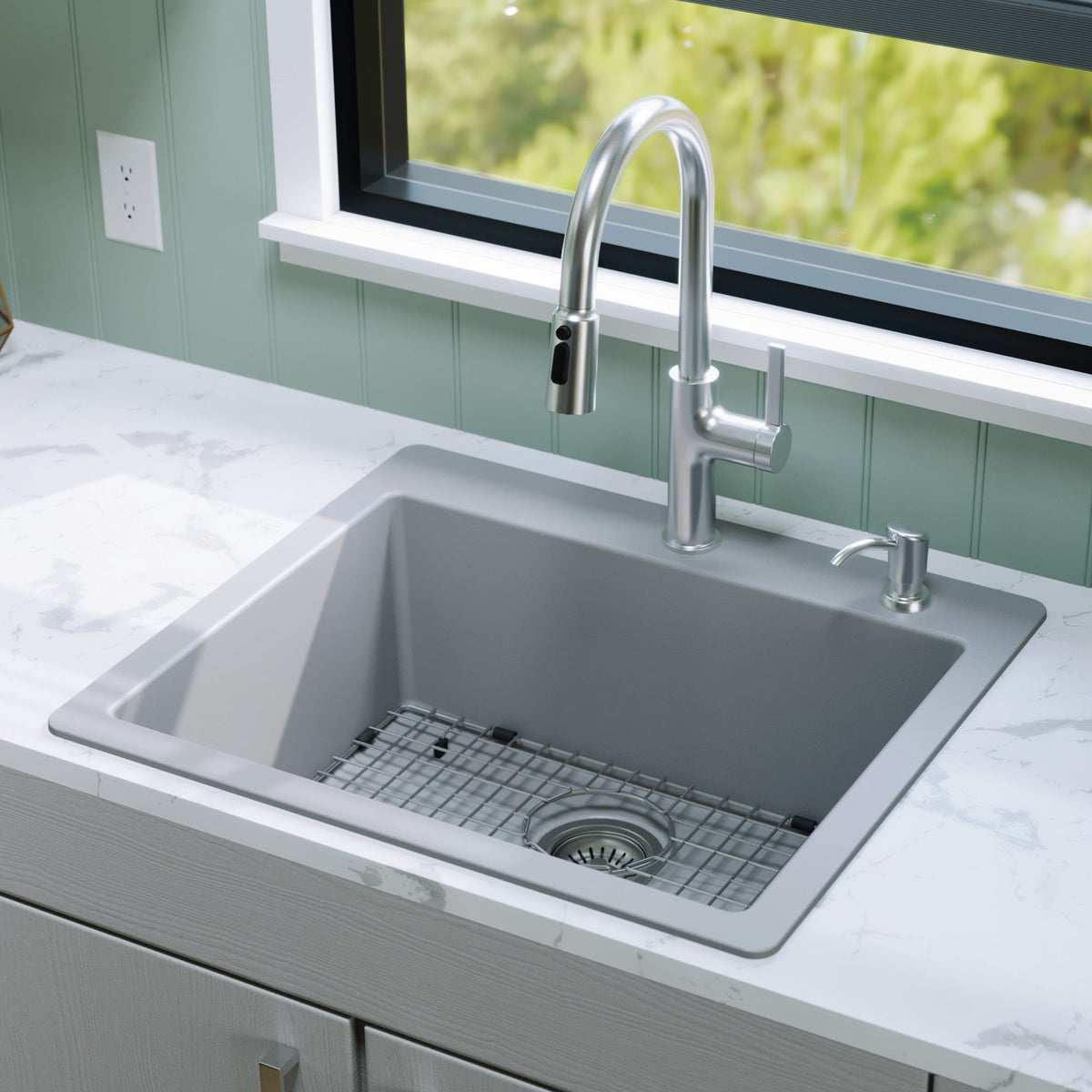 25" Top Mount Single Bowl Quartz Composite Kitchen Sink Kit In Grey