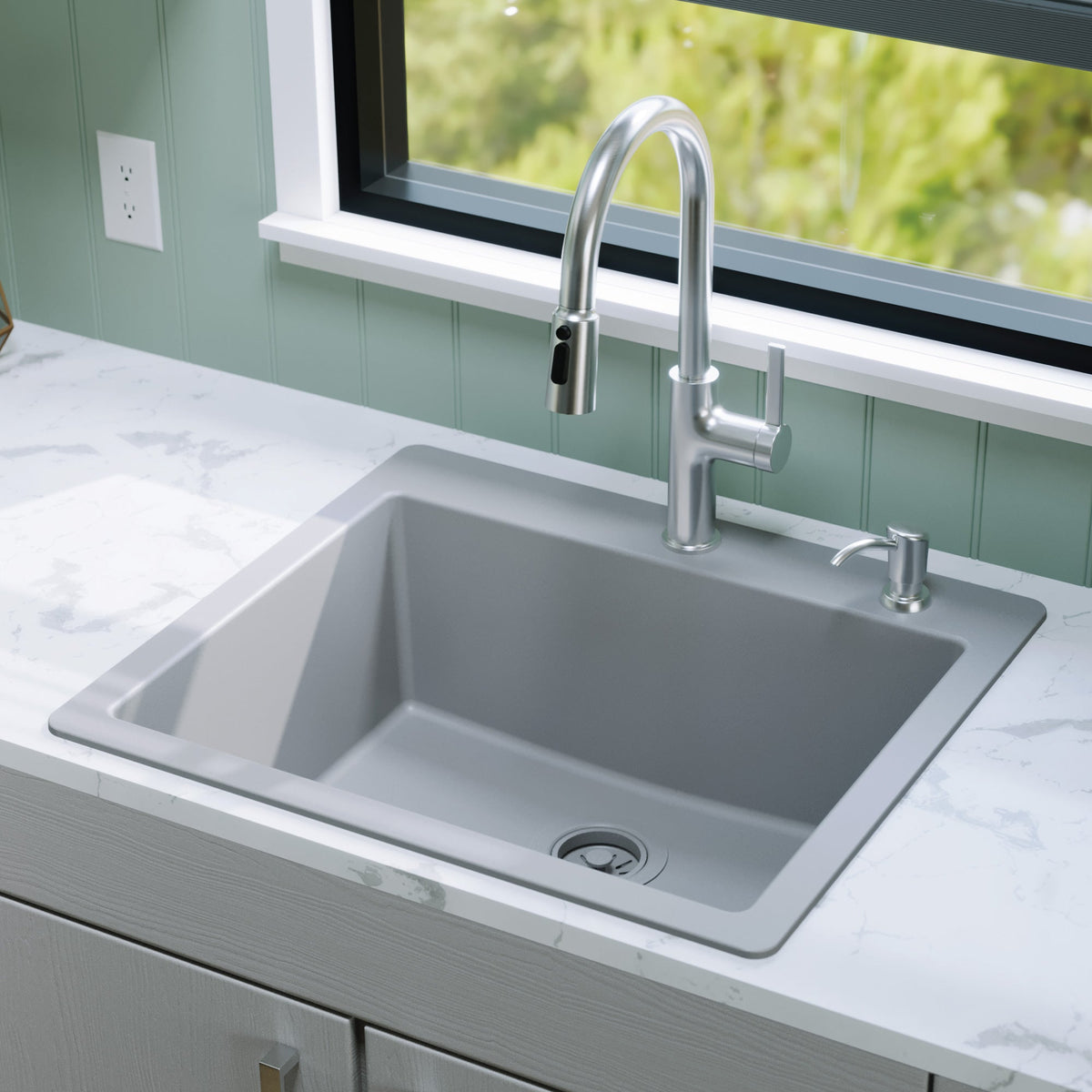 25" Top Mount Single Bowl Quartz Composite Kitchen Sink In Grey