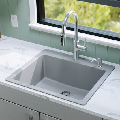 25" Top Mount Single Bowl Quartz Composite Kitchen Sink In Grey