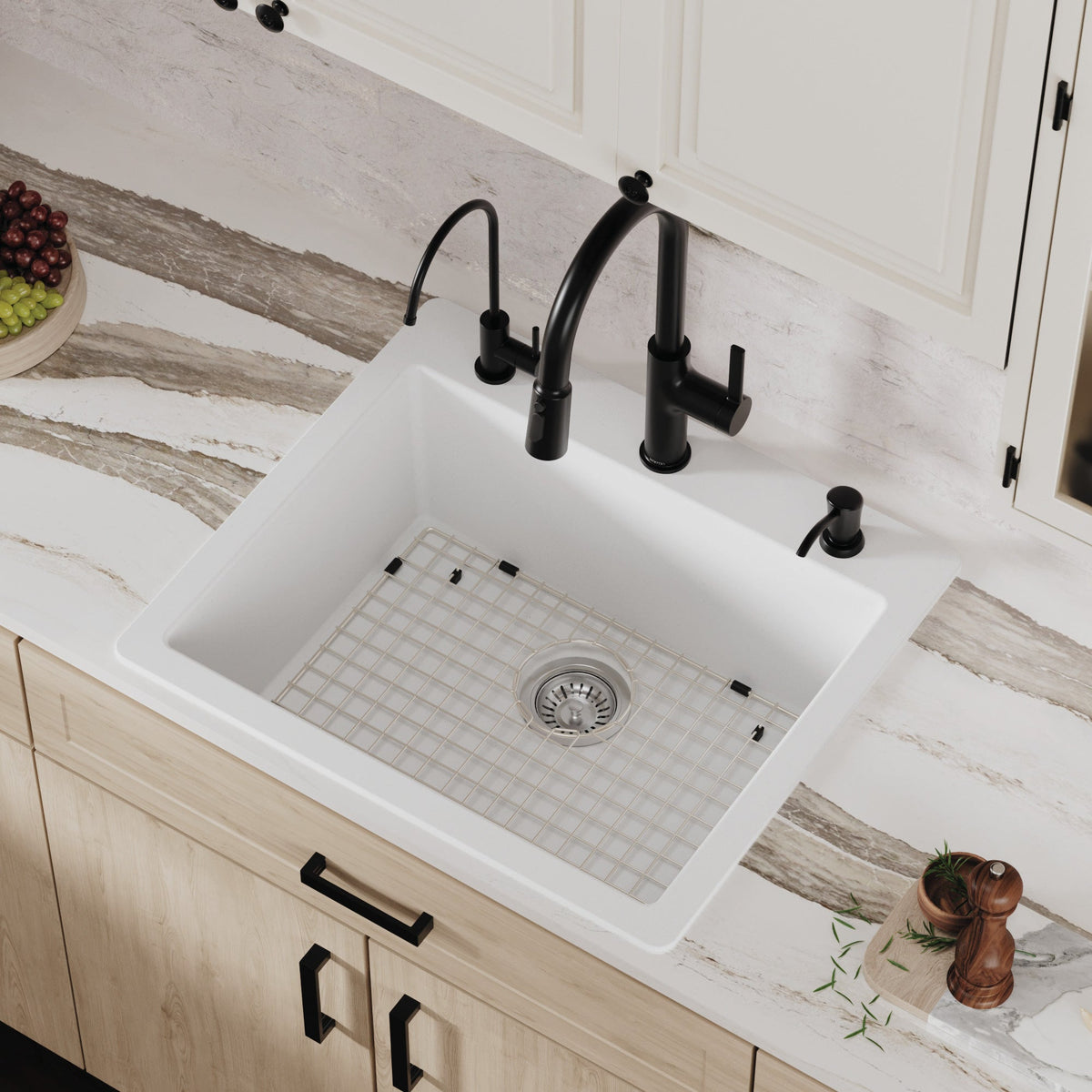 25" Top Mount Single Bowl Quartz Composite Kitchen Sink Kit In White