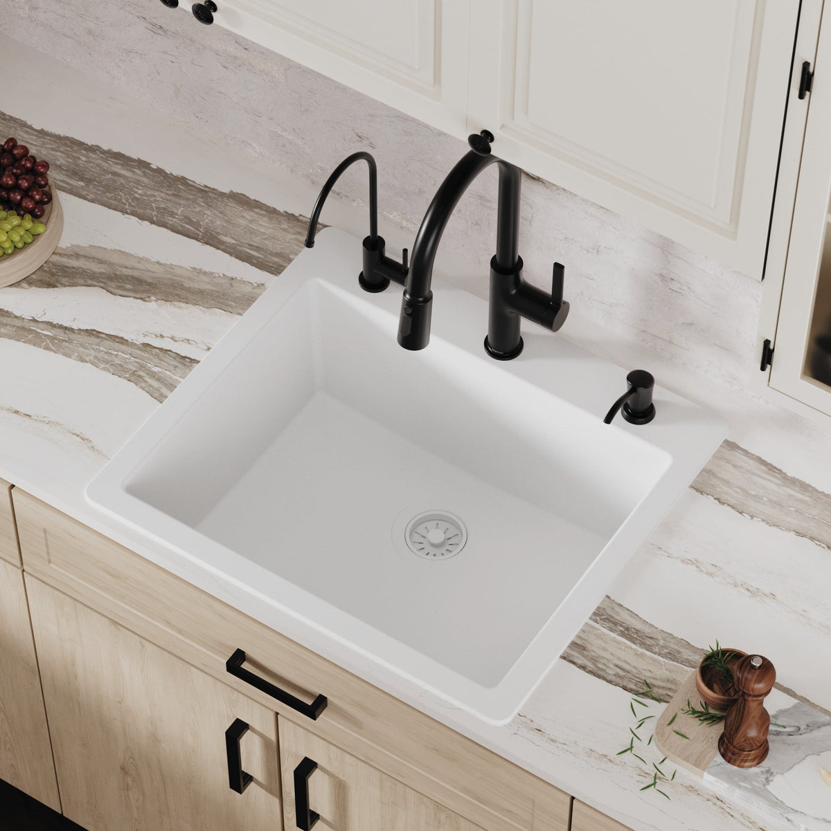 25" Top Mount Single Bowl Quartz Composite Kitchen Sink In White