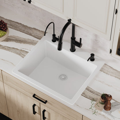 25" Top Mount Single Bowl Quartz Composite Kitchen Sink In White