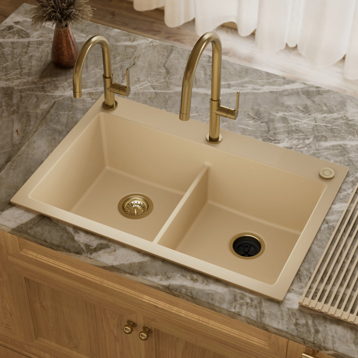 33" Top Mount Double Bowl Granite Kitchen Sink in Bisque