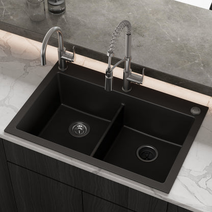 33" Top Mount Double Bowl Granite Kitchen Sink in Black