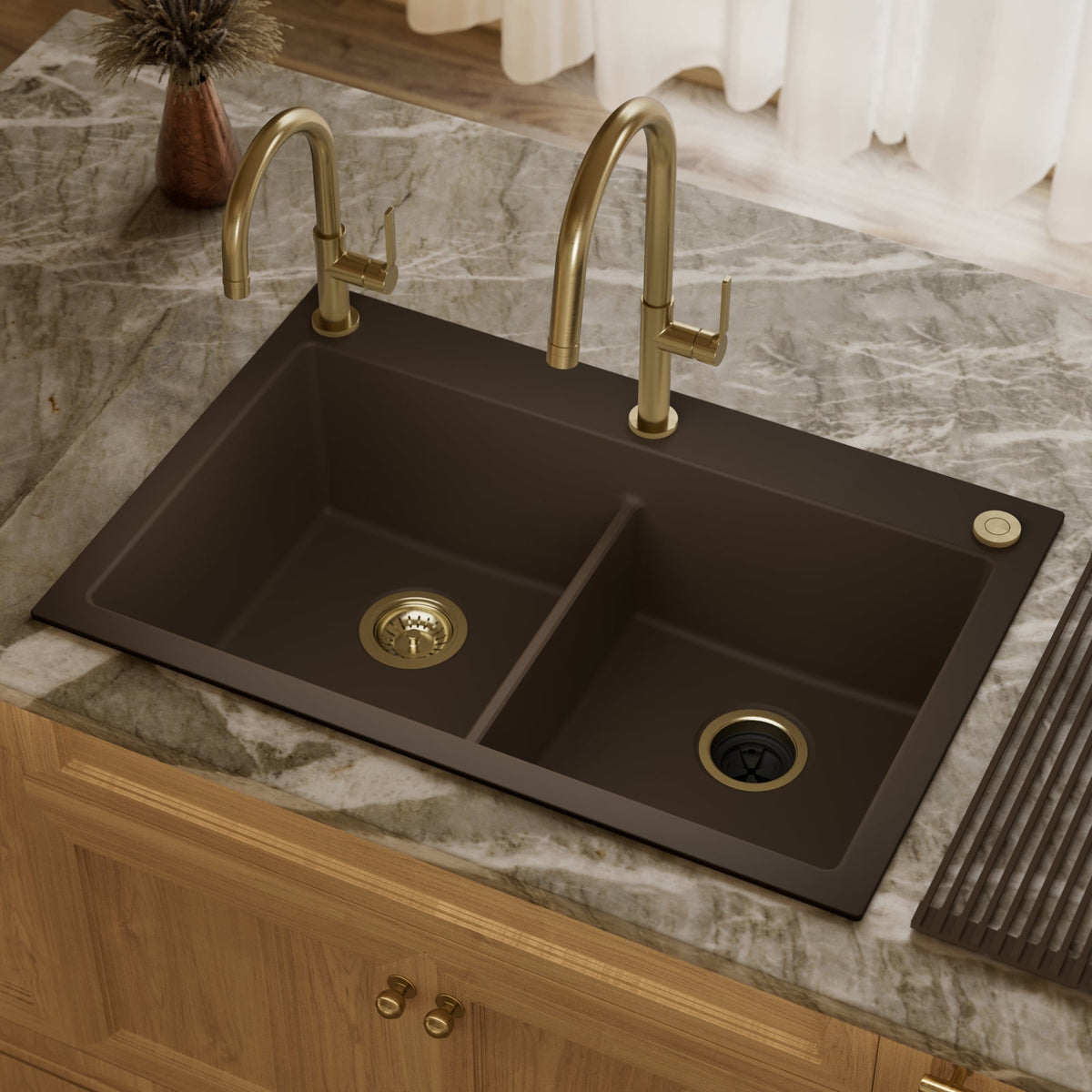 33" Top Mount Double Bowl Granite Kitchen Sink in Brown