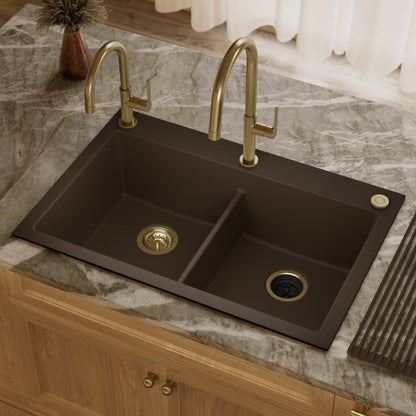 33" Top Mount Double Bowl Granite Kitchen Sink in Brown