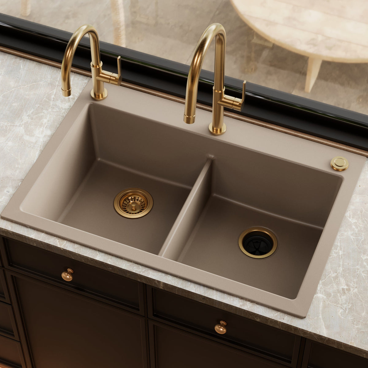 33" Top Mount Double Bowl Granite Kitchen Sink in Concrete