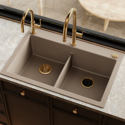 33" Top Mount Double Bowl Granite Kitchen Sink in Concrete