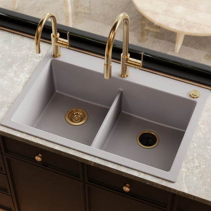 33" Top Mount Double Bowl Granite Kitchen Sink in Grey