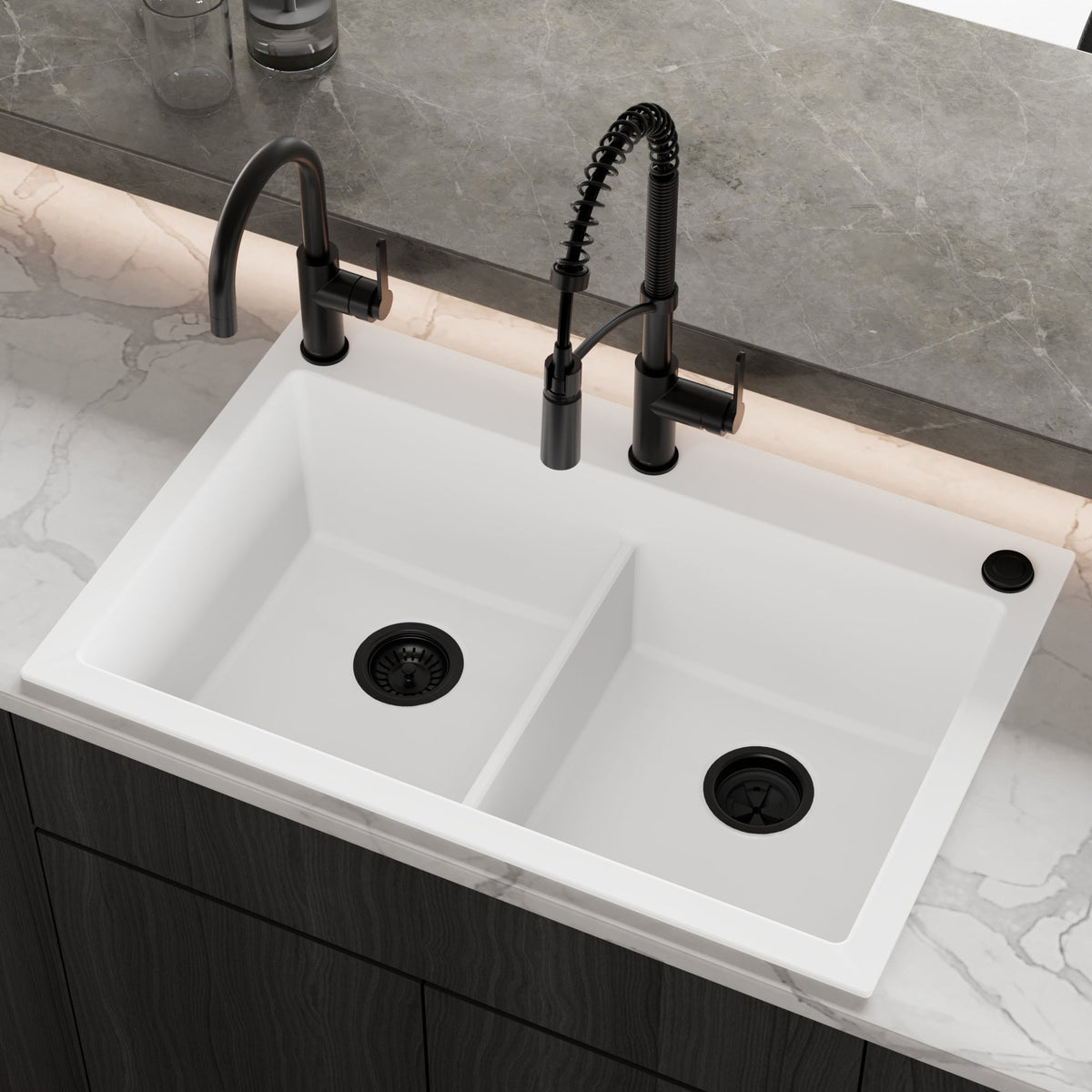 33" Top Mount Double Bowl Granite Kitchen Sink in White