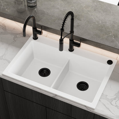 33" Top Mount Double Bowl Granite Kitchen Sink in White